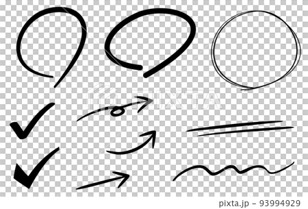 ペンで書いたような丸やチェックマーク　強調装飾 93994929