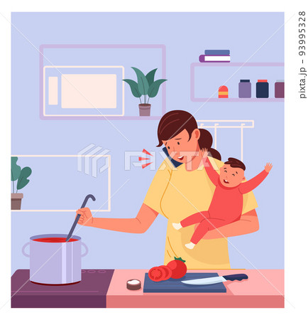 Woman cooking on kitchen with little baby. Multitasking mother 93995328