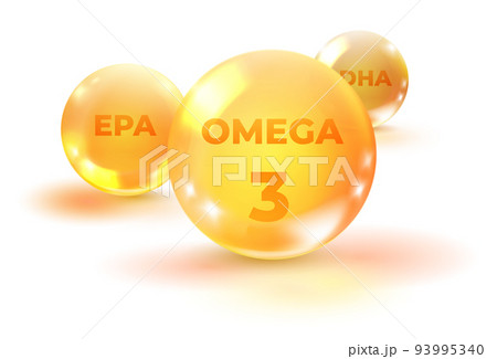 Omega 3 balls. Realistic golden pills. Oil drop 93995340