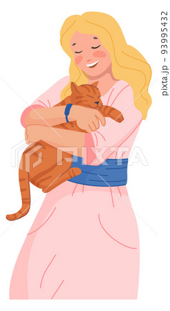 Woman embracing cat. Happy person cuddling with loving pet Woman embracing cat. Happy person cuddling with loving pet 93995432