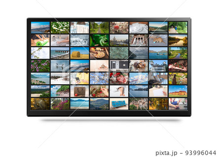 TV screen with lot of pictures isolated on white. Online Tv, VOD service, streaming video. online Television streaming video. Media TV on demand. 93996044