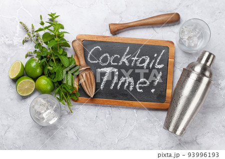 Mojito cocktail ingredients and drinks utensils Mojito cocktail ingredients and drinks utensils 93996193