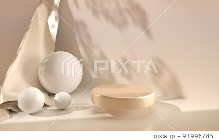 Podium with white spheres and luxury silk fabric on beige background. Gold pedestal with geometric balls, satin cloth and drapery for display cosmetic product, nude, brown template, studio 3d render 93996785