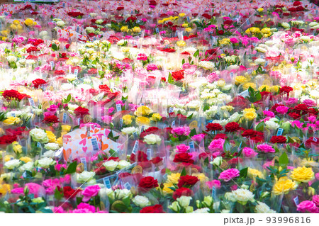 Moscow, Russia - June 1, 2020 Colorful flowers at the entry to flower shop. Many bouquet of flowers arranged in the flower shop. Many bouquet flowers and tag price. Moscow, Russia - June 1, 2020 Colorful flowers at the entry to flower shop. Many bouquet of flowers arranged in the flower shop. Many bouquet flowers and tag price. 93996816
