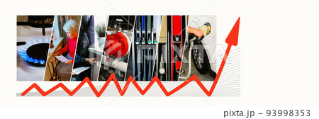 Collage about shortage and gas crisis. Rising fuel prices concept. Dynamics of gas prices in the world market and European markets 93998353