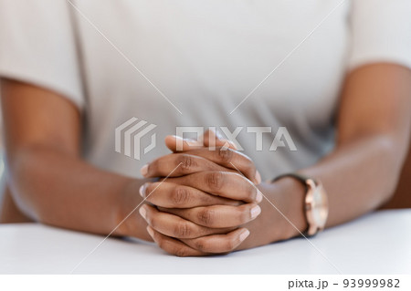 Hands, meeting and manager with a business woman at a table in her office for a discussion or review. Human resources employee at a desk during an interview and hiring new staff for future growth 93999982