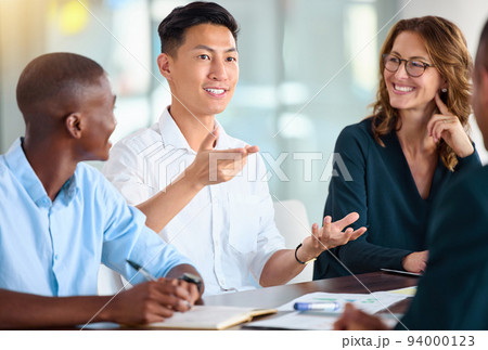 Collaboration of business people in meeting for project management planning an success, goal or strategy for about us and faq. Happy diversity corporate team or employee with idea for company growth 94000123