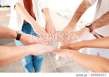Hands of business people in circle for support, Team building for motivation and success in corporate partnership in work office. Employees, workers and people with community, vision and trust 94000357