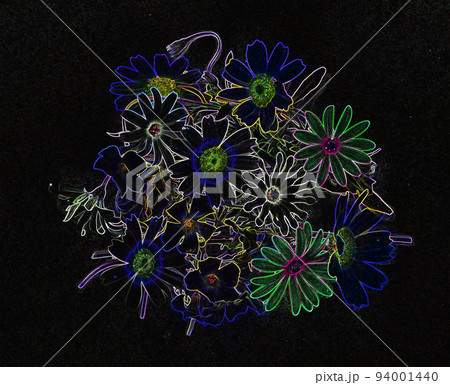 Bouquet of flowers in engraving style on a black background, for design, background, postcards and decor 94001440