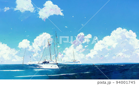 イラスト 絵画 雲 青空 海 夏 鳥 船のイラスト素材 [94001745] - PIXTA