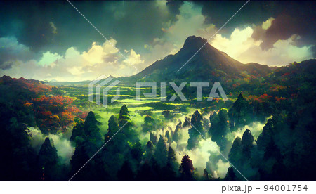 イラスト 絵画 自然 山 青空 雄大 山岳のイラスト素材