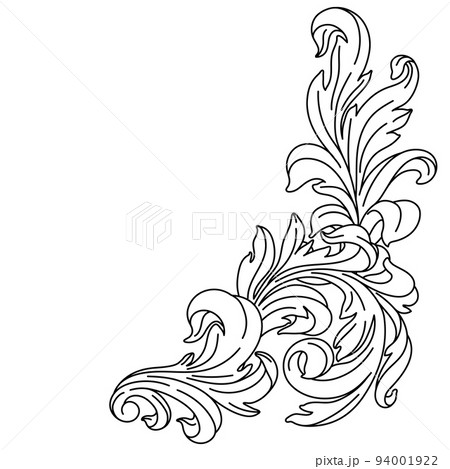 Decorative floral corner in baroque style. Engraved black curling plant. 94001922