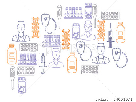 Background with medical and healthcare items. Equipment for pharmacies and hospitals. Background with medical and healthcare items. Equipment for pharmacies and hospitals. 94001971