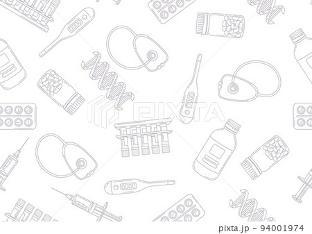 Seamless pattern with medical and healthcare items. Equipment for pharmacies and hospitals. 94001974