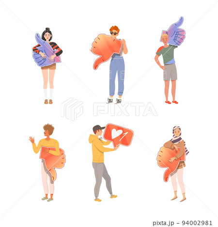 People Characters Holding Thumb Up and Down Sign as Notification of Approval and Disapproval Vector Illustration Set People Characters Holding Thumb Up and Down Sign as Notification of Approval and Disapproval Vector Illustration Set 94002981