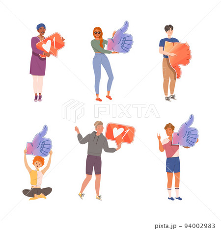 People Characters Holding Thumb Up and Down Sign as Notification of Approval and Disapproval Vector Illustration Set 94002983