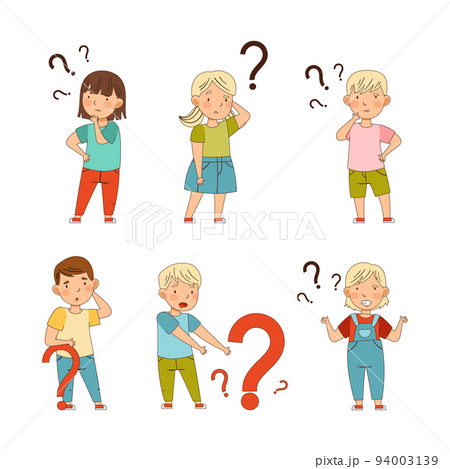 Puzzled Little Kids with Question Scratching Their Heads Wondering Vector Set Puzzled Little Kids with Question Scratching Their Heads Wondering Vector Set 94003139