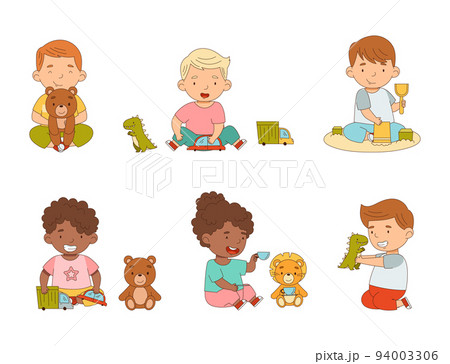 Happy Kids Playing Different Toys in the Nursery or Playroom Vector Set 94003306