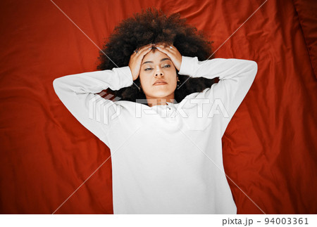 Woman with headache, mental health depression and anxiety thinking about life failure, crisis and stress on red background. Above of dizzy pain, tired and sick with trauma, problem and panic attack 94003361