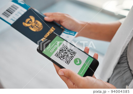 Covid travel passport, digital qr code certificate on phone for vaccine health and airport security identity document. Refugee and passenger immigration with mobile app for corona virus safety data 94004385