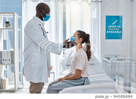 Covid doctor feeling patient thyroid gland, throat and neck for test, medical checkup and healthcare appointment in a clinic or hospital. Physician consulting for virus, cancer and corona treatment 94006884