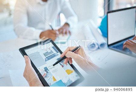 Graphic designer, digital marketing and tablet in business hands with website or web design for ux or ui product in a creative office or company. Advertising, SEO and tech screen software analytics 94006895