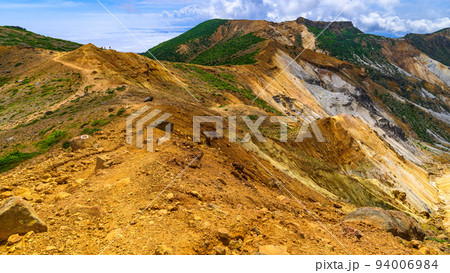 夏の安達太良山・山頂付近の爆裂火口とその周辺の山並み 夏の安達太良山・山頂付近の爆裂火口とその周辺の山並み 94006984