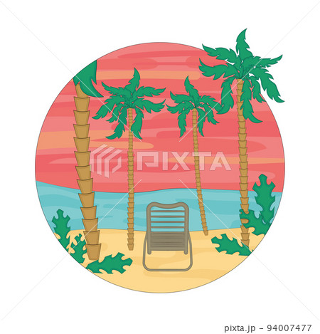 Colored round sunset landscape with palm trees Vector Colored round sunset landscape with palm trees Vector 94007477
