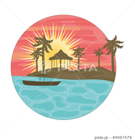 Colored beach landscape with a sunset and silhouette Vector 94007479