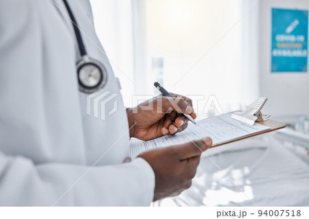 Medical, insurance and doctor filling out patient history for diagnosis at the hospital. Healthcare professional working on clipboard with paper, consulting and writing health paperwork at a clinic. Medical, insurance and doctor filling out patient history for diagnosis at the hospital. Healthcare professional working on clipboard with paper, consulting and writing health paperwork at a clinic. 94007518