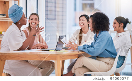 Business team, empowerment and female meeting in casual work environment. Trust, collaboration and diversity in an inclusive company. Coaching, motivation and positive woman working in leadership. 94009077