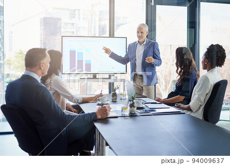 Sales manager gives a presentation on marketing and brand strategy in a boardroom meeting. Successful, corporate and mature male leader points to a graph on the monitor screen to show the planning 94009637
