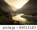 Beautiful river landscape with high mountains peaks on sunrise. Pakistan. 94013163