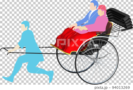 神社和寺廟的觀光景點必不可少的人力車。人力車司機和乘客的插圖。背景透明圖片 94013269
