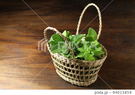 小さな手かごに盛られたハーブのミント 小さな手かごに盛られたハーブのミント 94013859