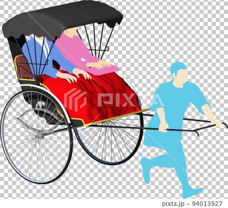 神社仏閣の観光地に必須の人力車。車夫と乗客を乗せたイラスト。背景透明画像 神社仏閣の観光地に必須の人力車。車夫と乗客を乗せたイラスト。背景透明画像 94013927