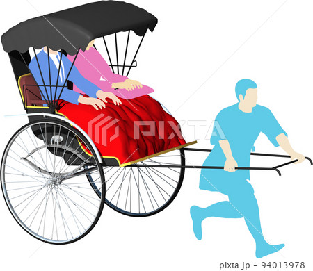 神社仏閣の観光地に必須の人力車。車夫と乗客を乗せたイラスト。背景透明画像 94013978