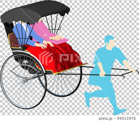 神社仏閣の観光地に必須の人力車。車夫と乗客を乗せたイラスト。背景透明画像 94013978