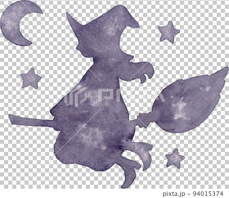 【ハロウィン】夜空を飛ぶ魔女のシルエットの水彩イラスト 94015374