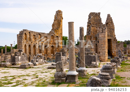 Surviving Hellenistic gate towers and Corinthian column in Perga, Turkey 94016253