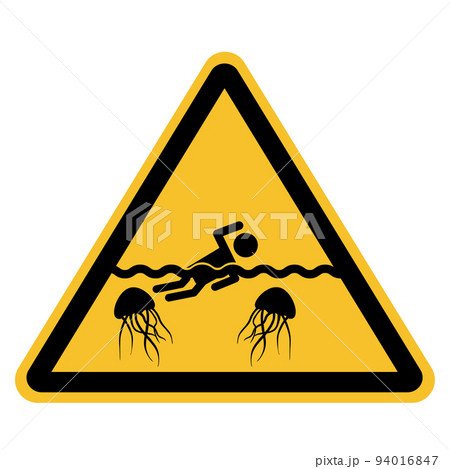 warning beware of jellyfish icon on white background. sea jellyfish and swimmer on the sign. flat style. warning beware of jellyfish icon on white background. sea jellyfish and swimmer on the sign. flat style. 94016847