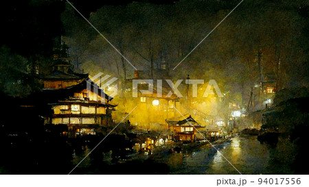 夜の温泉街 94017556