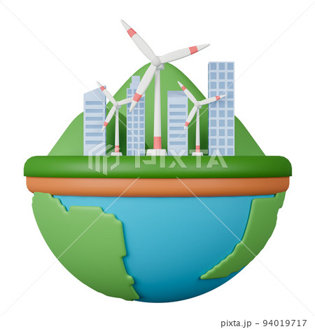 3d rendering wind turbines with city and mountain on earth. 3d rendering wind turbines with city and mountain on earth. 94019717