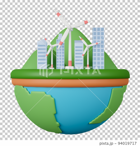 3d rendering wind turbines with city and mountain on earth. 3d rendering wind turbines with city and mountain on earth. 94019717
