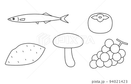 はっきりとした線で描かれた秋の食べ物の線画セット 94021423