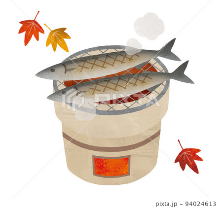 秋のサンマと七輪と紅葉水彩 秋のサンマと七輪と紅葉水彩 94024613