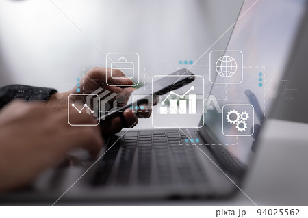 mobile application for the management of business. finances and operations, various pieces of commercial hardware, and business-related symbols. 94025562