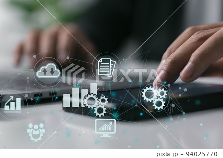Businessman touch on smartphone. Concept of business automation software technology process system 94025770