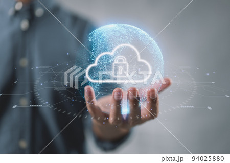 Cloud computing technology database storage security concept Backup transfer. There is a large cloud icon on the right in an abstract world on businessman. Cloud computing technology database storage security concept Backup transfer. There is a large cloud icon on the right in an abstract world on businessman. 94025880