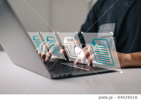 a paperless quality assurance process by hand using a laptop computer with a virtual screen and document, and an ERP management concept for online approval. a paperless quality assurance process by hand using a laptop computer with a virtual screen and document, and an ERP management concept for online approval. 94026016